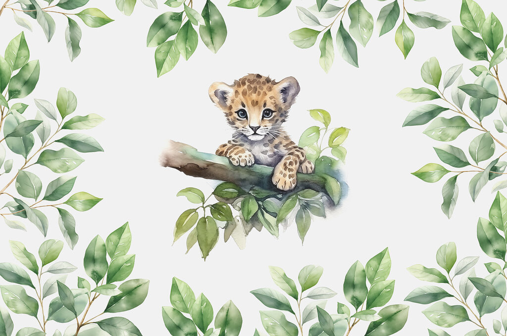 Ein Aquarell eines Leopardenbabys auf einem Ast Ein Aquarell eines Leopardenbabys auf einem Ast