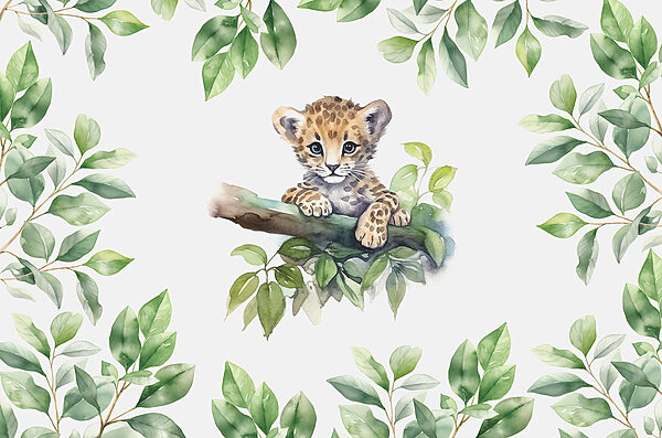 Ein Aquarell eines Leopardenbabys auf einem Ast Ein Aquarell eines Leopardenbabys auf einem Ast