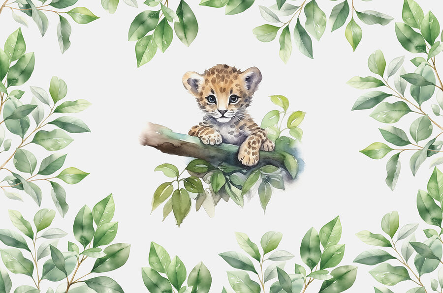 Ein Aquarell eines Leopardenbabys auf einem Ast Ein Aquarell eines Leopardenbabys auf einem Ast