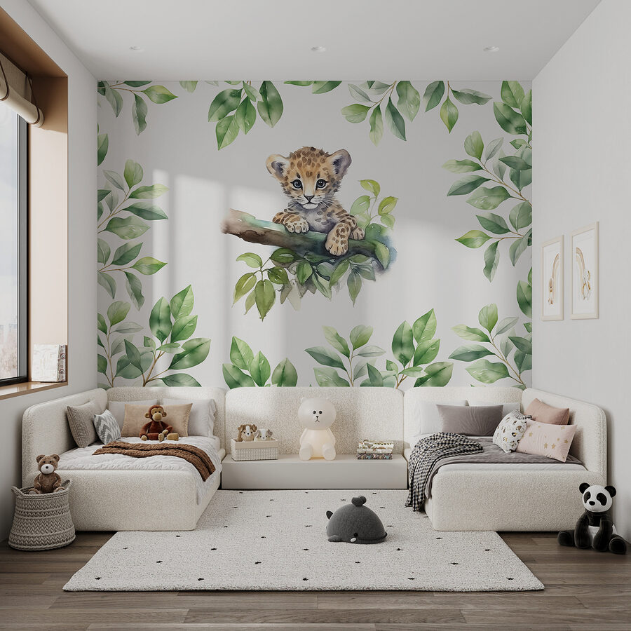 Ein Aquarell eines Leopardenbabys auf einem Ast Ein Aquarell eines Leopardenbabys auf einem Ast