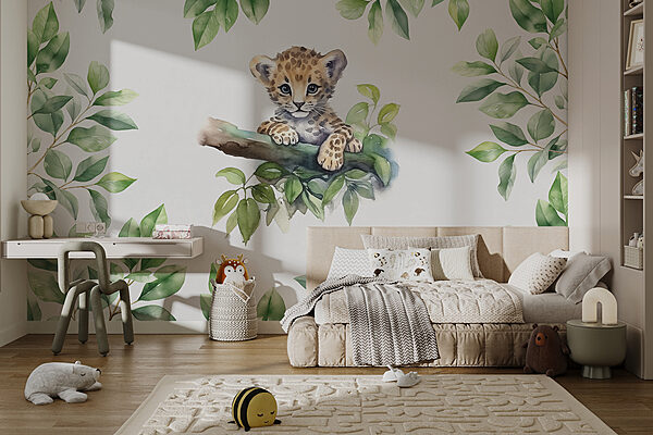 Ein Aquarell eines Leopardenbabys auf einem Ast Ein Aquarell eines Leopardenbabys auf einem Ast