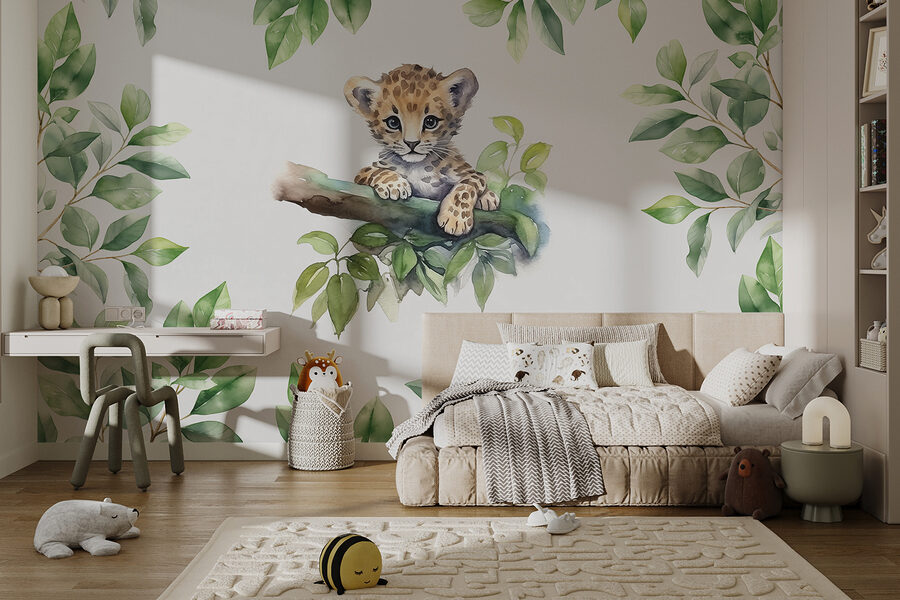 Ein Aquarell eines Leopardenbabys auf einem Ast Ein Aquarell eines Leopardenbabys auf einem Ast