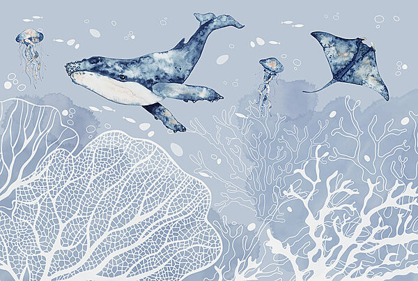 Ein Wal und Stachelrochen schwimmen im Meer Ein Wal und Stachelrochen schwimmen im Meer