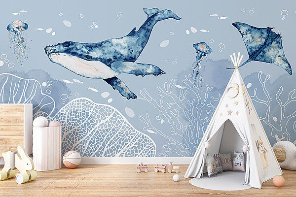 Ein Wal und Stachelrochen schwimmen im Meer Ein Wal und Stachelrochen schwimmen im Meer