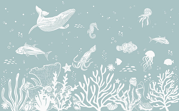 A white outline of sea animals