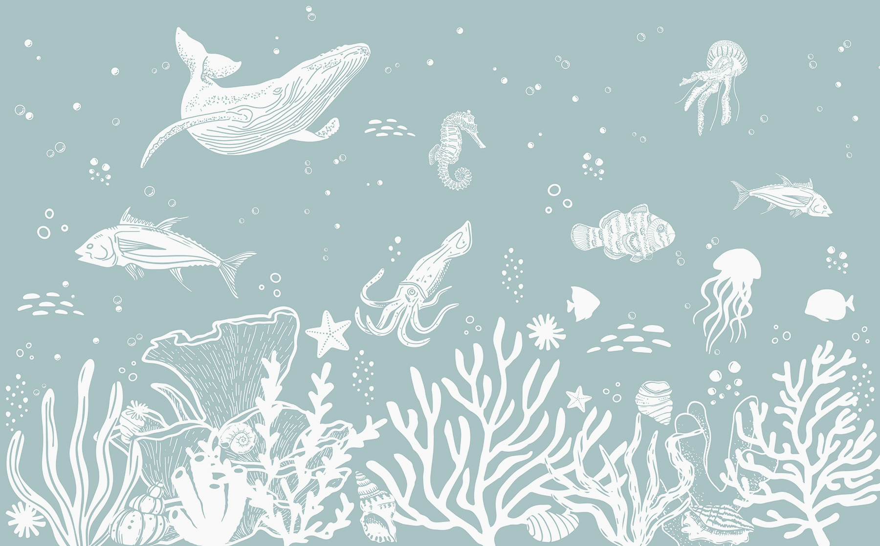 A white outline of sea animals