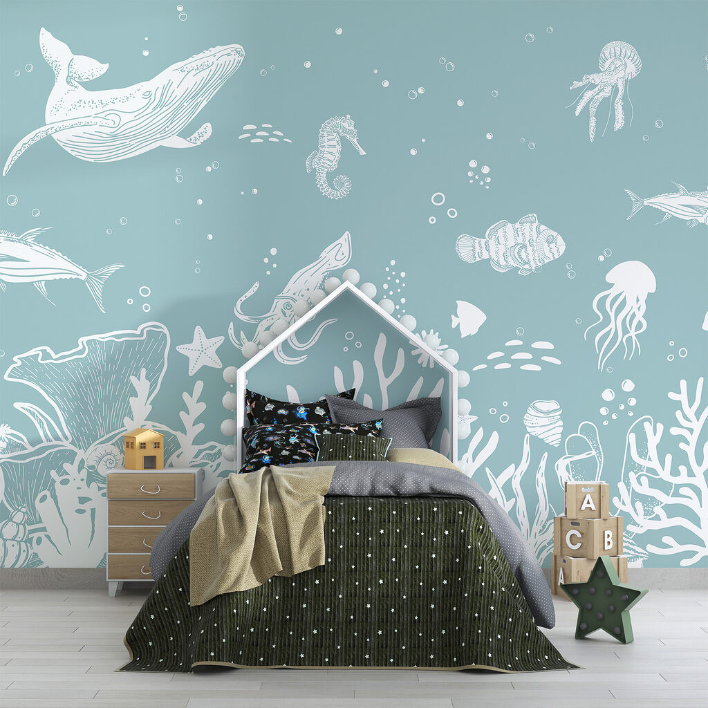 A white outline of sea animals