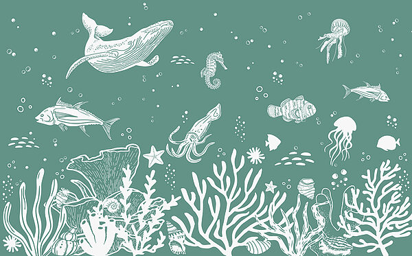 A white outline of sea animals