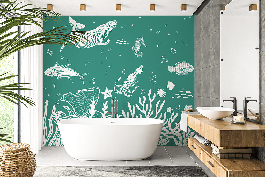 A white outline of sea animals