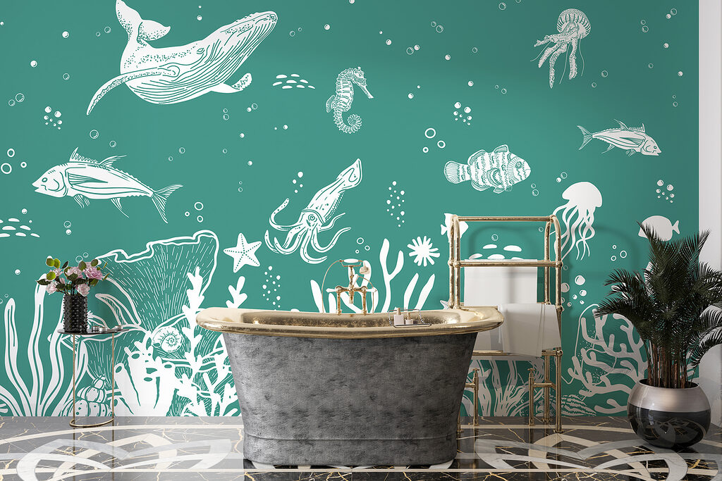 A white outline of sea animals