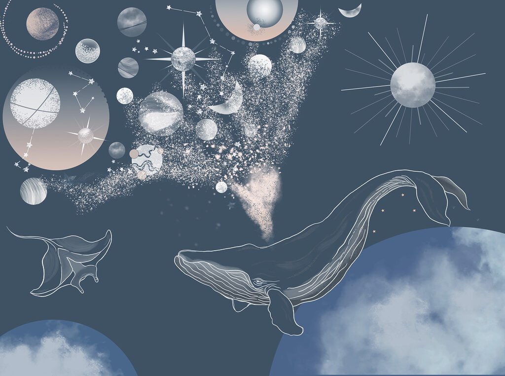 Ein Wal und Planeten am Himmel Ein Wal und Planeten am Himmel