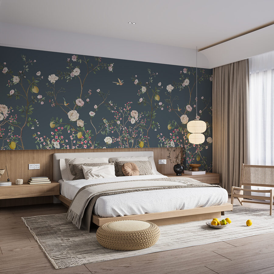 Eine Tapete mit Blumen und Vögeln Eine Tapete mit Blumen und Vögeln