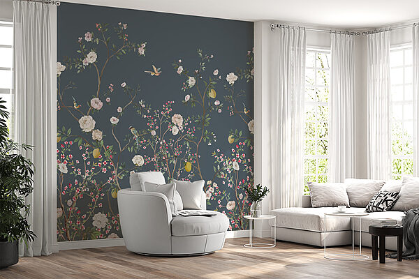 Eine Tapete mit Blumen und Vögeln Eine Tapete mit Blumen und Vögeln