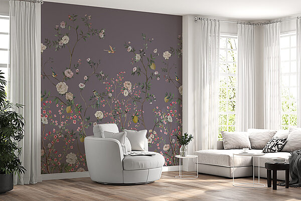 Eine Tapete mit Vögeln und Blumen Eine Tapete mit Vögeln und Blumen