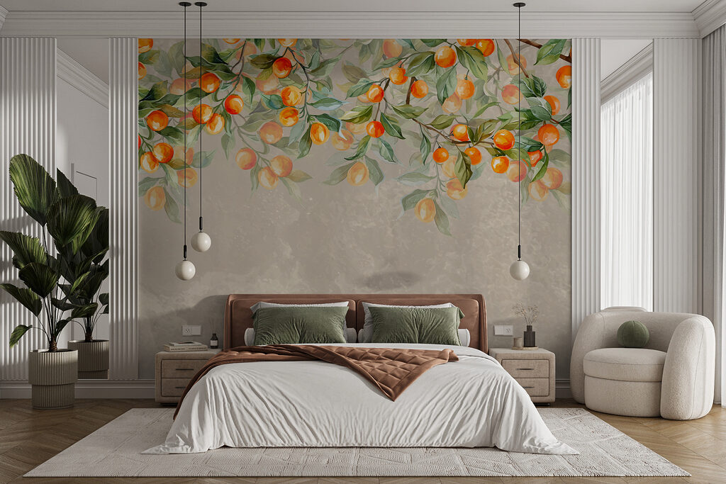 A painting of oranges on a tree