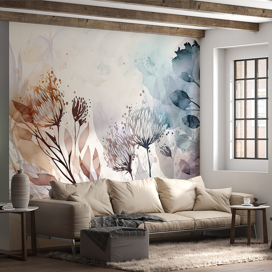Ein Aquarell mit Blumen und Blättern