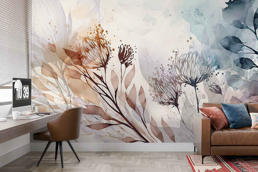Ein Aquarell mit Blumen und Blättern