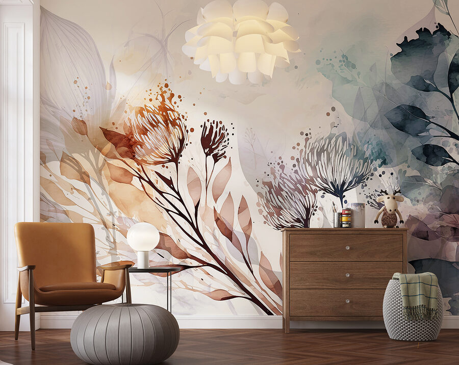 Ein Aquarell mit Blumen und Blättern