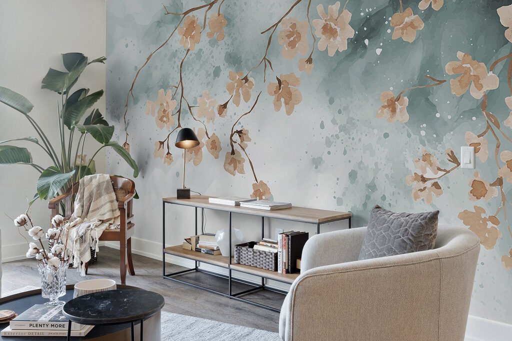 A painting of flowers on a branch