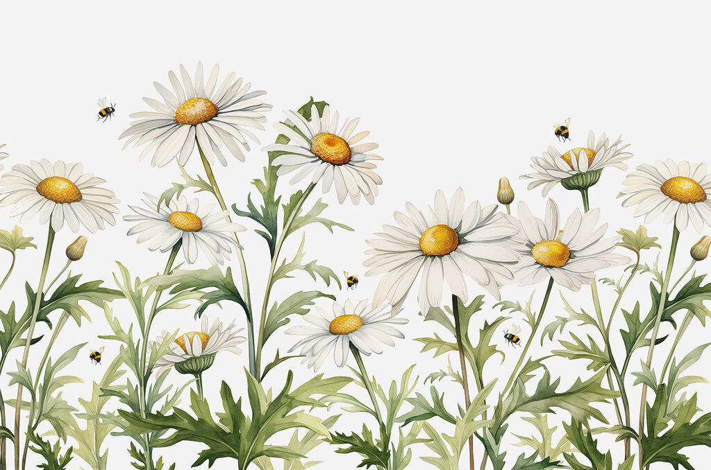 Eine Gruppe von weißen Blüten mit gelben Zentren und grünen Blättern Eine Gruppe von weißen Blüten mit gelben Zentren und grünen Blättern