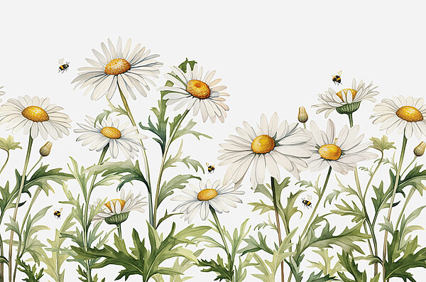 Eine Gruppe von weißen Blüten mit gelben Zentren und grünen Blättern Eine Gruppe von weißen Blüten mit gelben Zentren und grünen Blättern