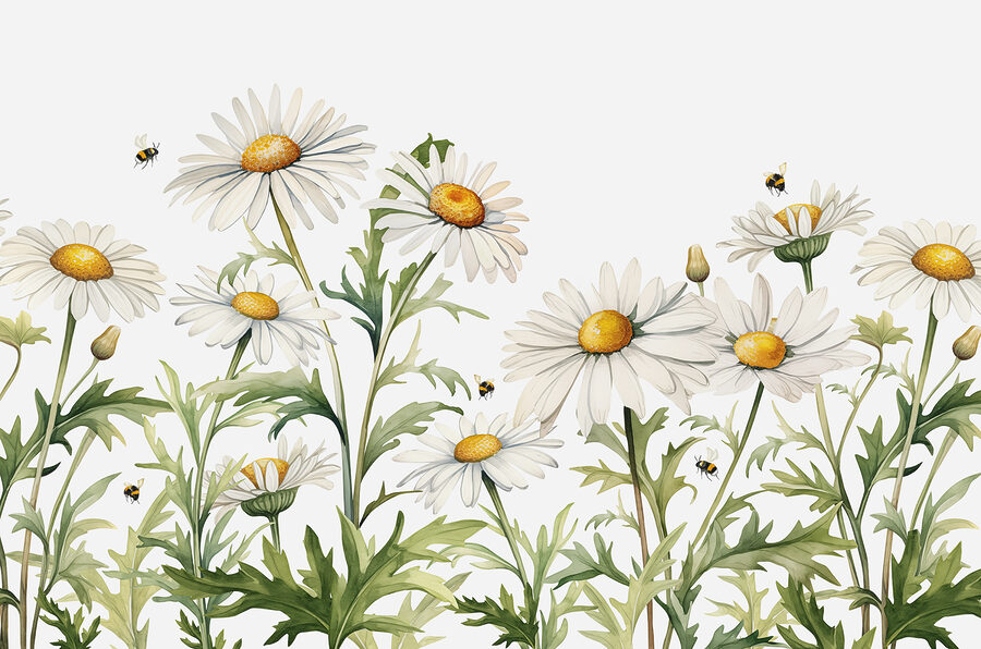 Eine Gruppe von weißen Blüten mit gelben Zentren und grünen Blättern Eine Gruppe von weißen Blüten mit gelben Zentren und grünen Blättern