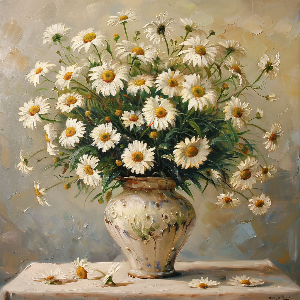 A painting of a vase of daisies A painting of a vase of daisies