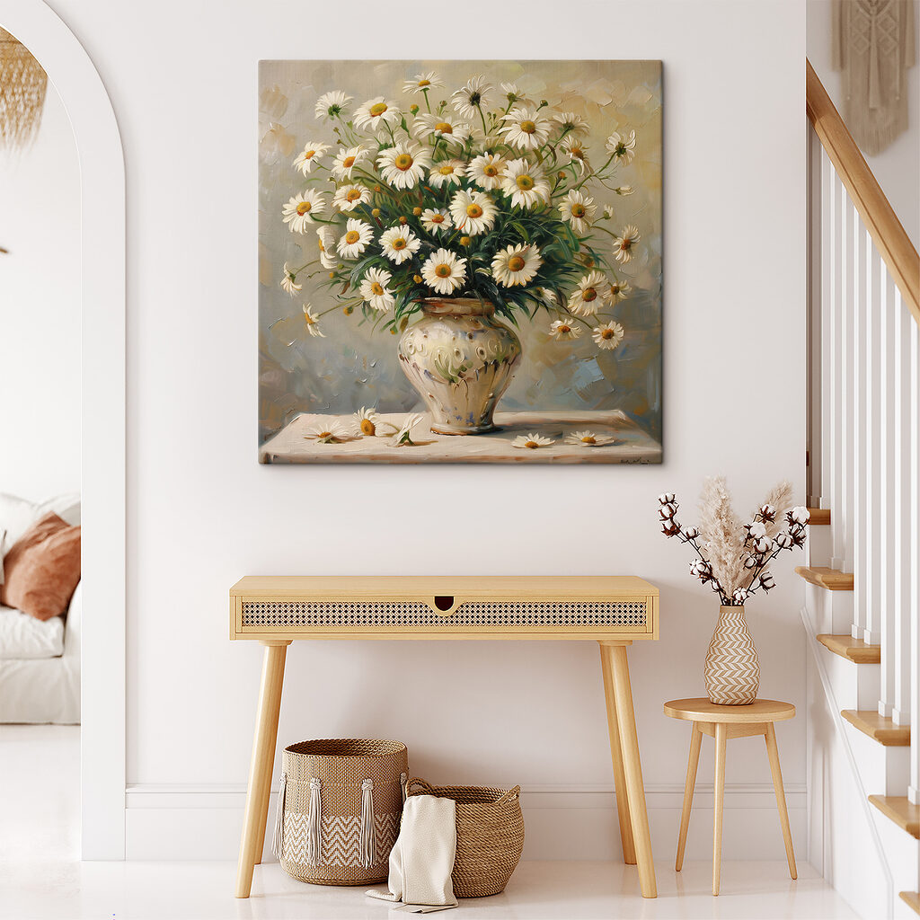 A painting of a vase of daisies A painting of a vase of daisies