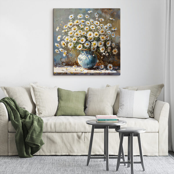 A painting of a vase of daisies A painting of a vase of daisies