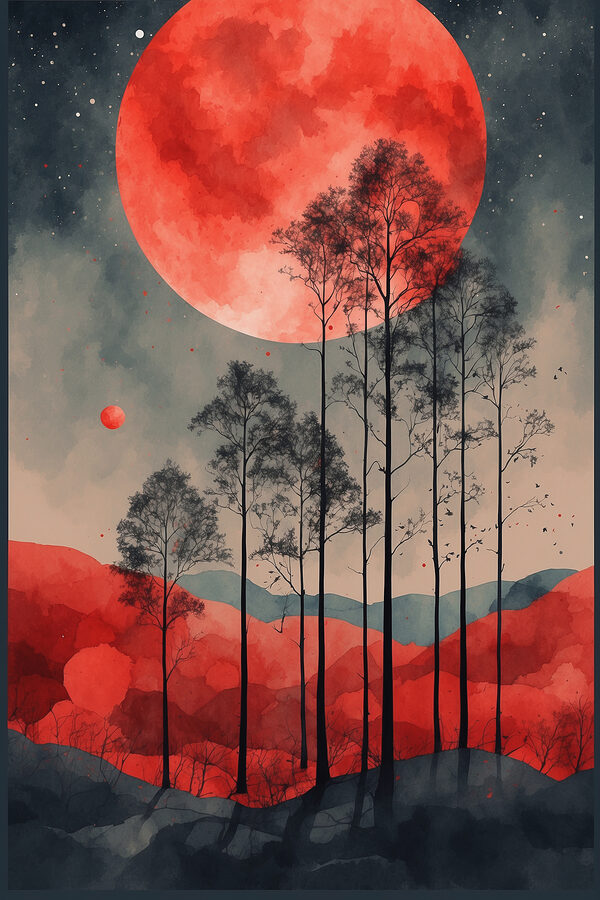 A painting of trees and a red moon