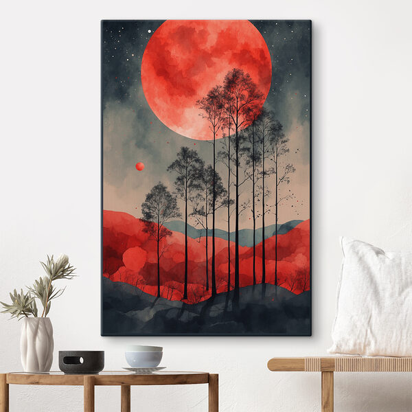 A painting of trees and a red moon