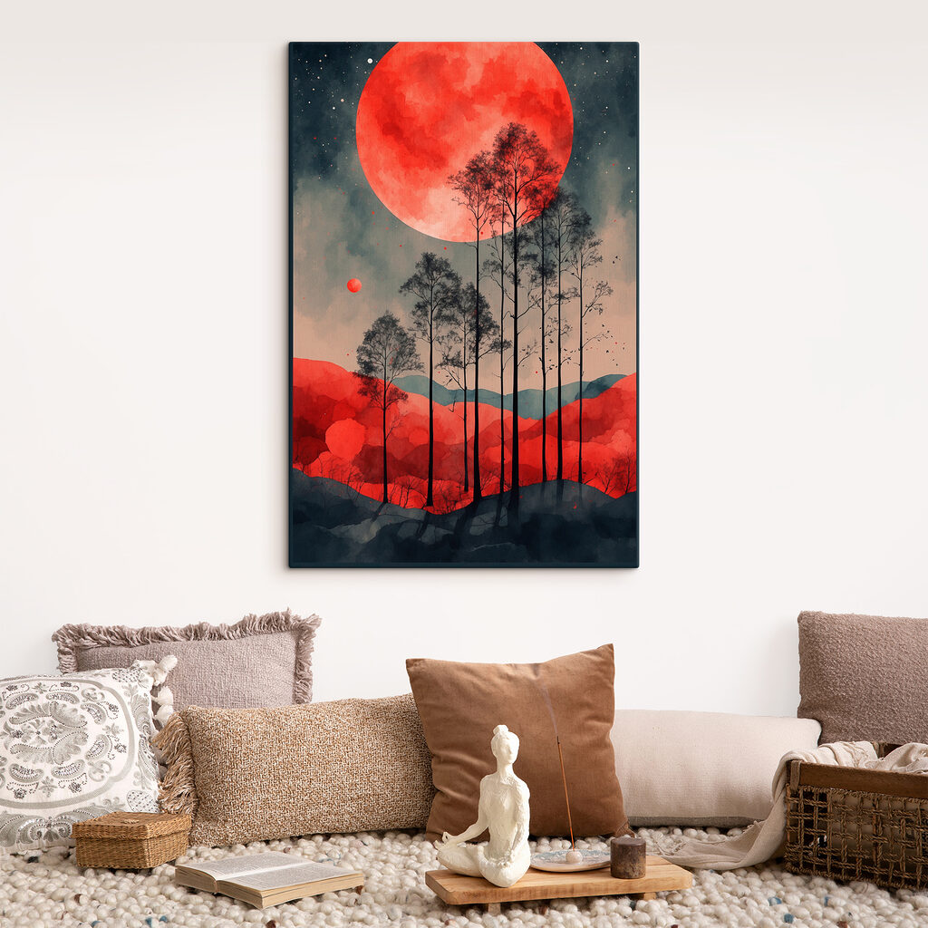 A painting of trees and a red moon