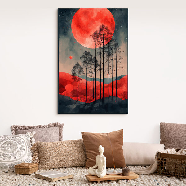 A painting of trees and a red moon