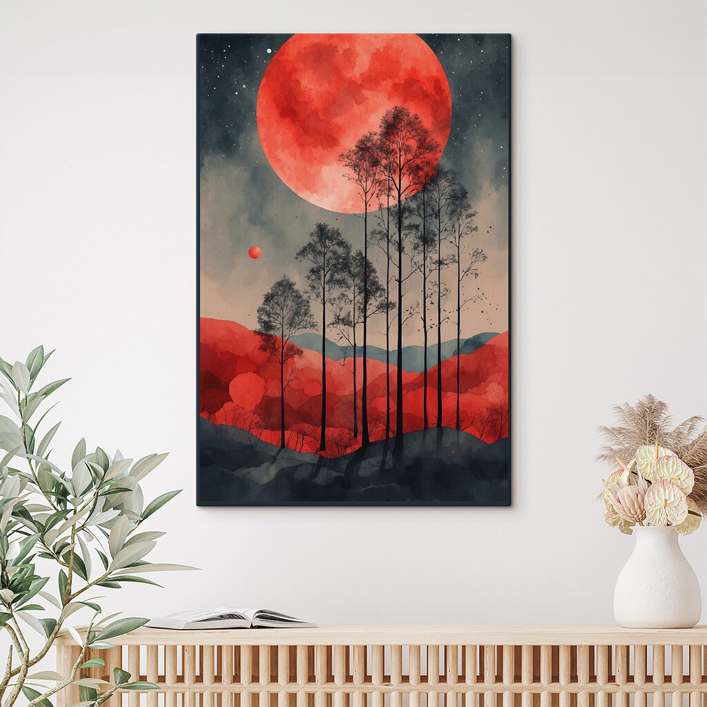 A painting of trees and a red moon