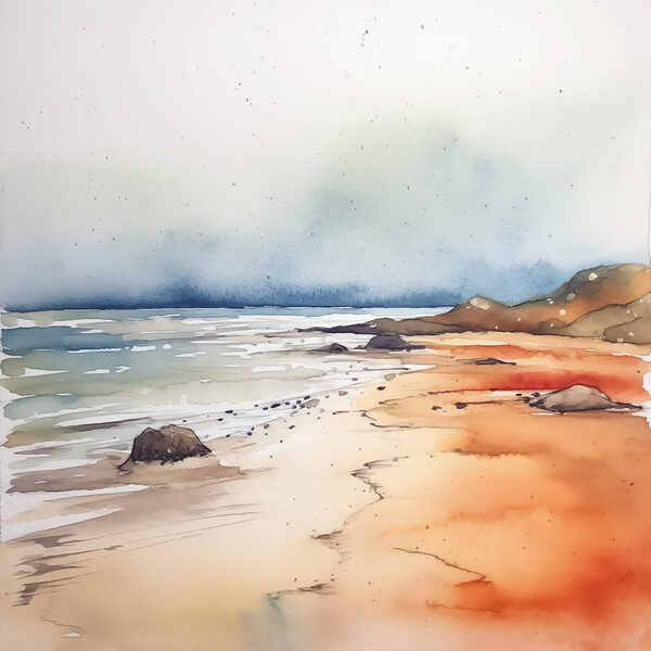 Watercolor of a beach with rocks and water Watercolor of a beach with rocks and water