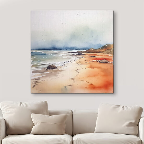 Watercolor of a beach with rocks and water Watercolor of a beach with rocks and water