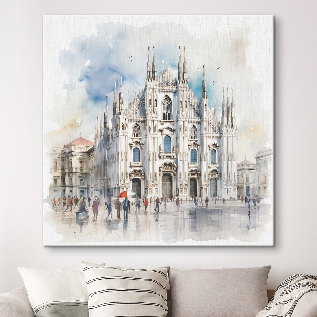 A watercolor of a building with people walking around A watercolor of a building with people walking around