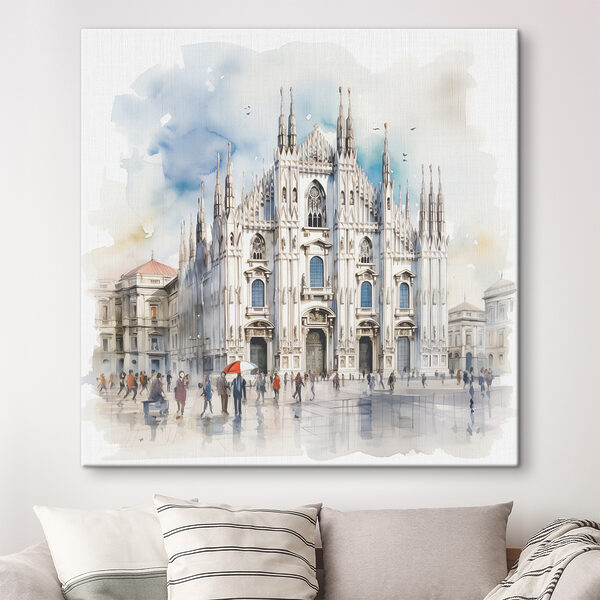A watercolor of a building with people walking around A watercolor of a building with people walking around