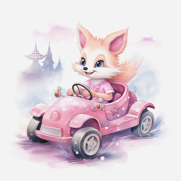 A cartoon fox driving a pink car A cartoon fox driving a pink car