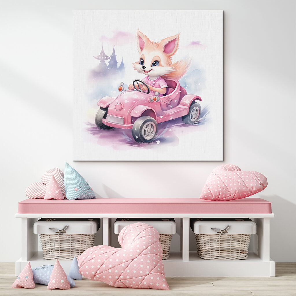 A cartoon fox driving a pink car A cartoon fox driving a pink car