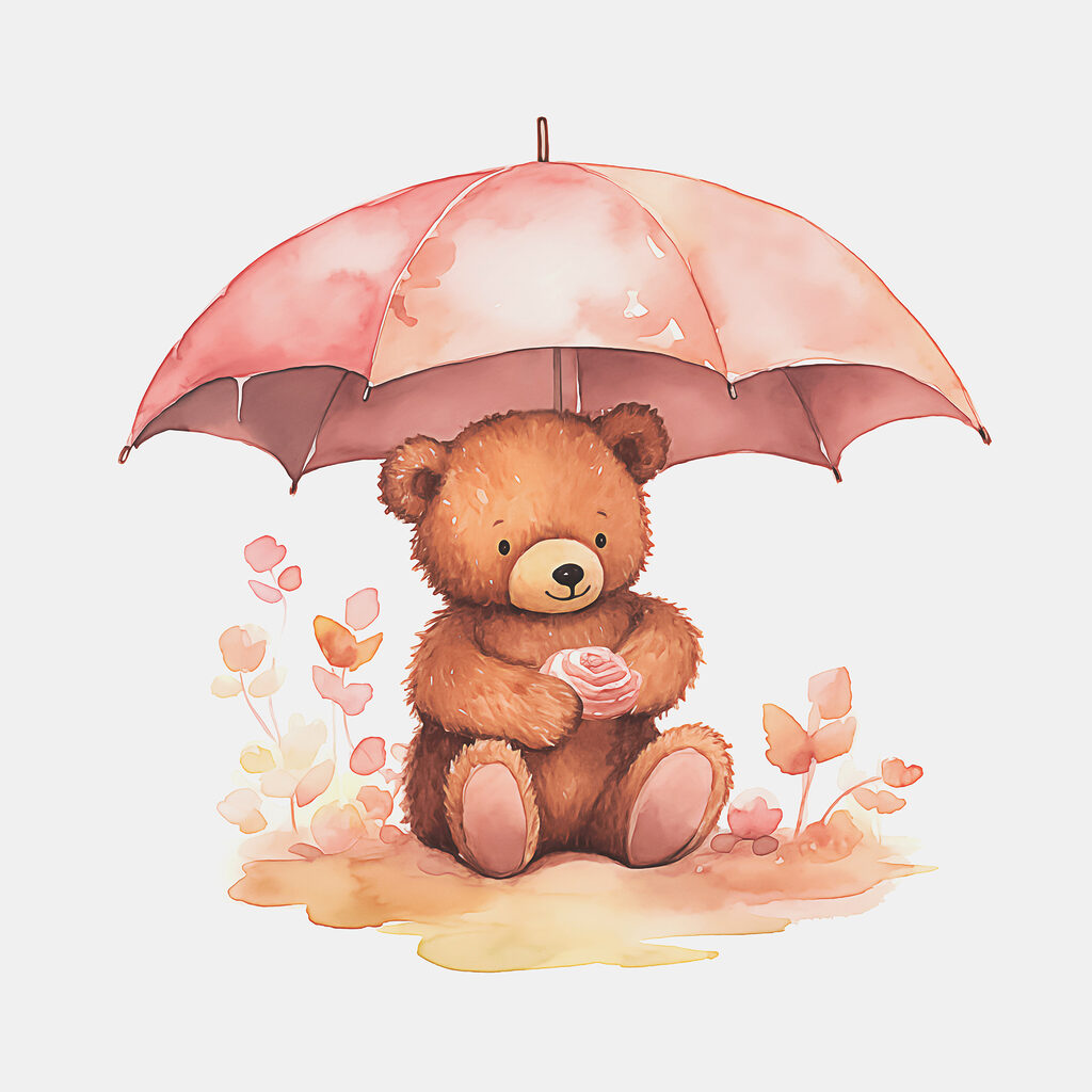 A watercolor of a teddy bear holding a flower under an umbrella