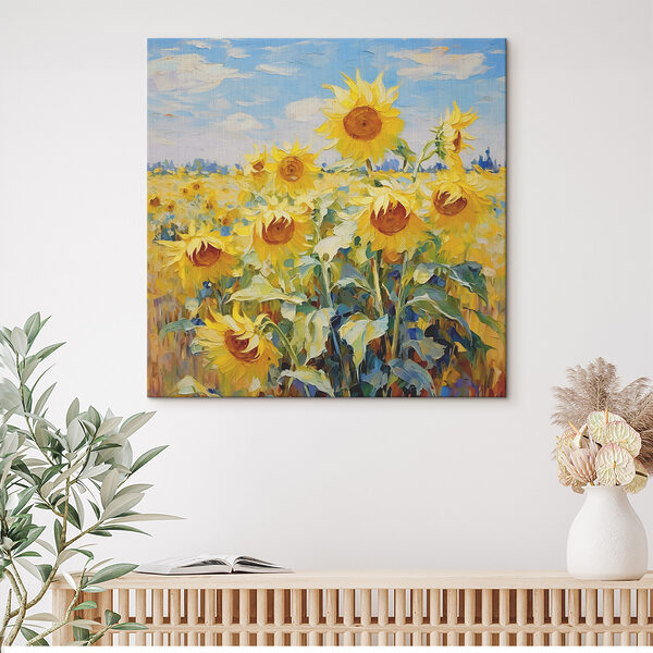 A painting of sunflowers in a field A painting of sunflowers in a field