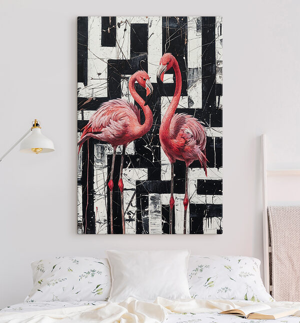 A painting of flamingos on a black and white background A painting of flamingos on a black and white background