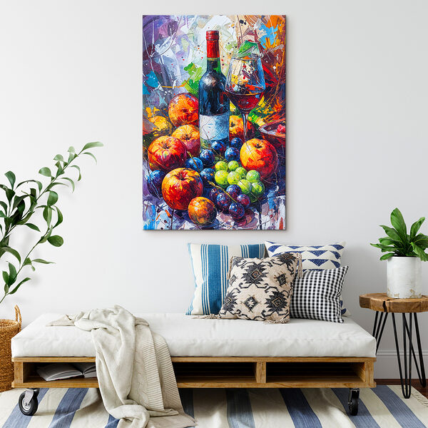 A painting of a wine bottle and fruit A painting of a wine bottle and fruit