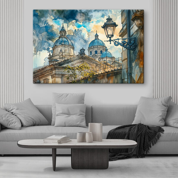 A watercolor painting of a building with domes and a street light A watercolor painting of a building with domes and a street light