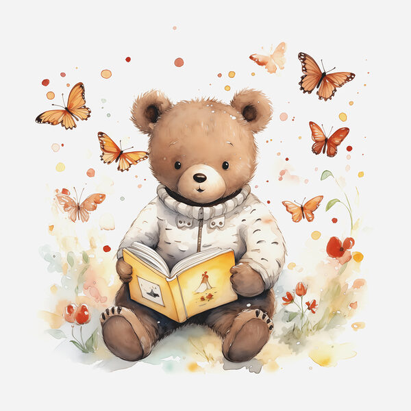A teddy bear reading a book with butterflies flying around A teddy bear reading a book with butterflies flying around