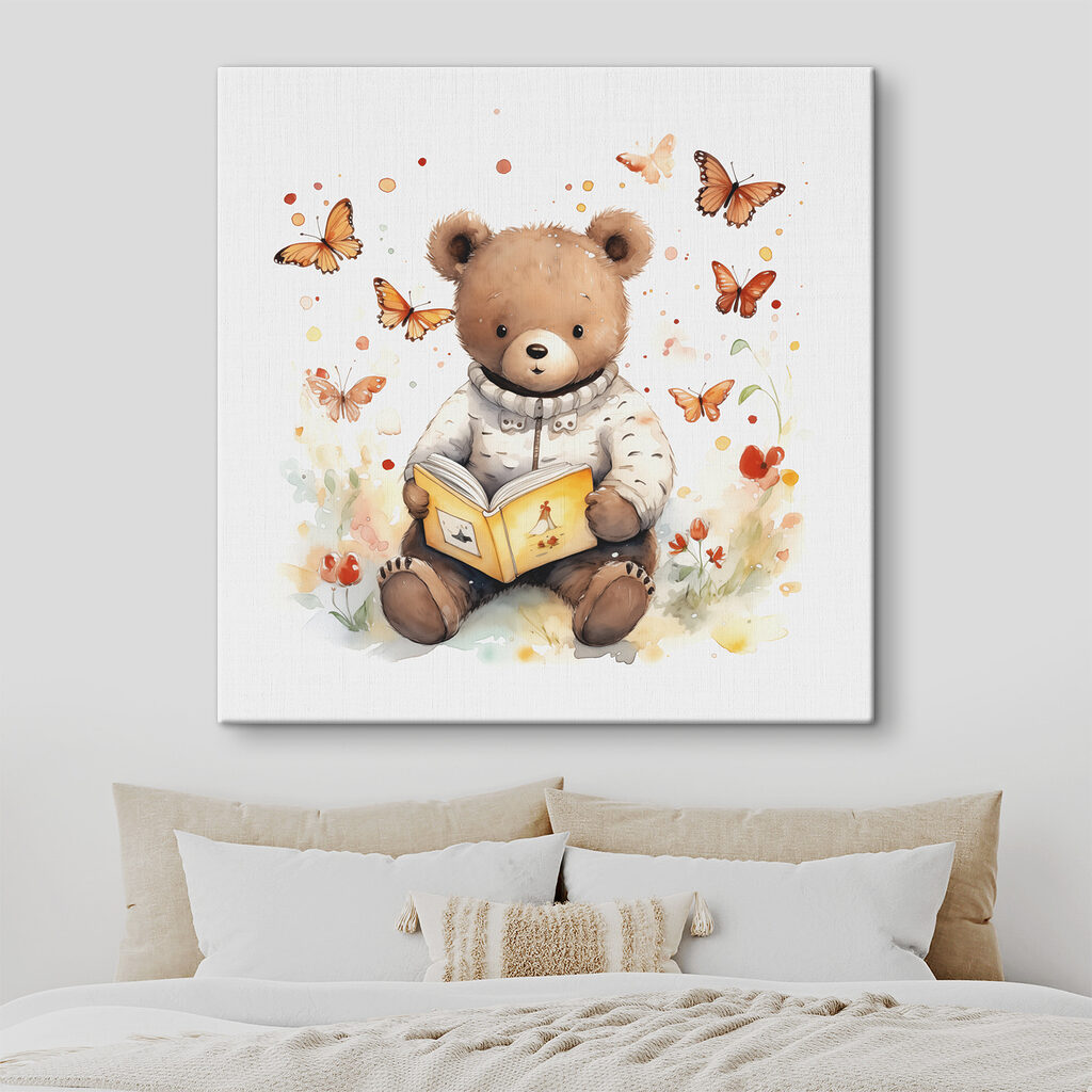 A teddy bear reading a book with butterflies flying around A teddy bear reading a book with butterflies flying around