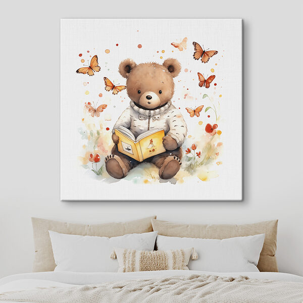 A teddy bear reading a book with butterflies flying around A teddy bear reading a book with butterflies flying around