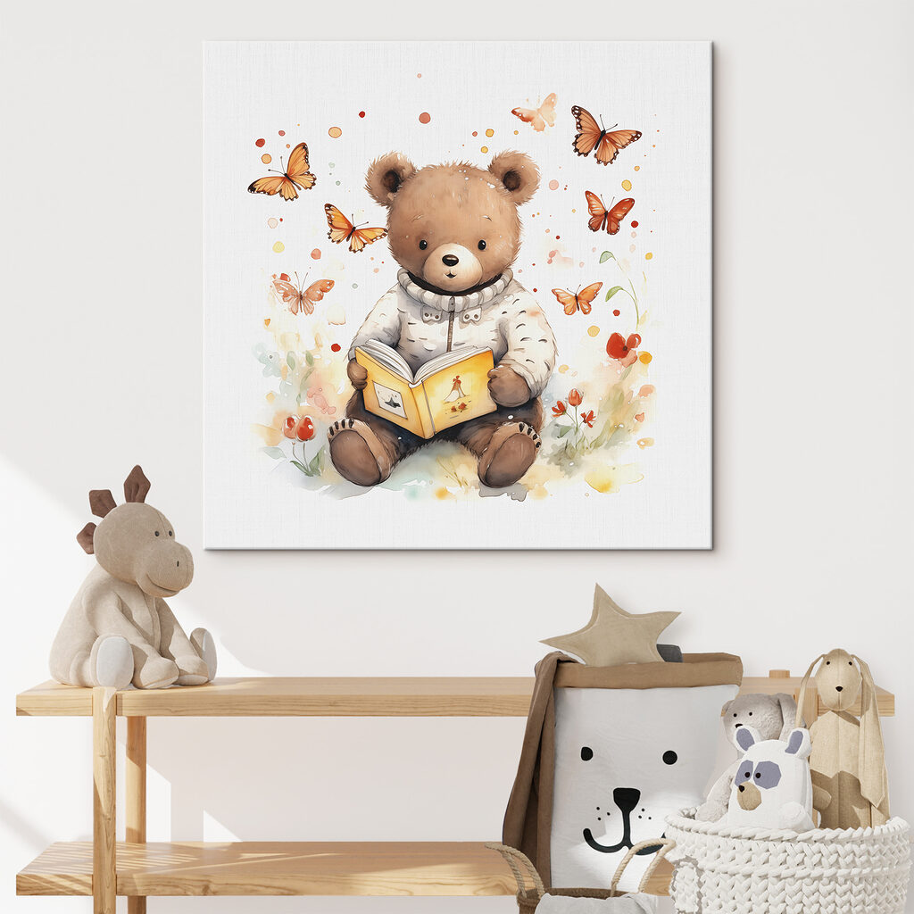 A teddy bear reading a book with butterflies flying around A teddy bear reading a book with butterflies flying around