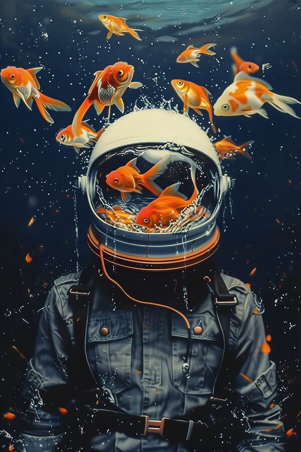 Space helmet filled with swimming fish Space helmet filled with swimming fish